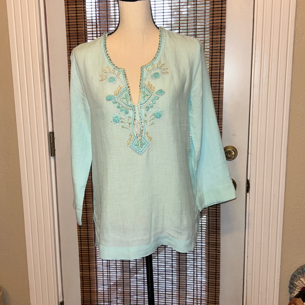 Lilly Pulitzer Amelia Island Tunic in Seasalt Blue On Parade Size SM 100% Linen